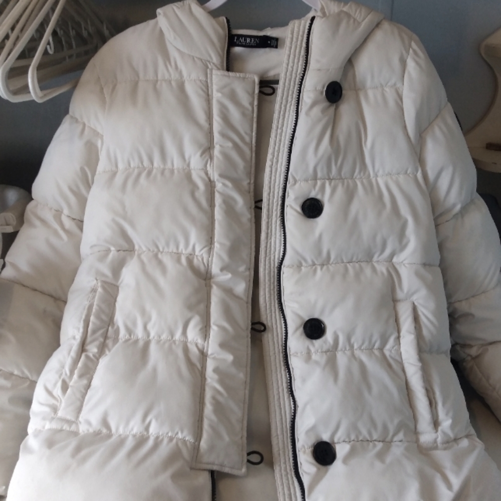 Ralph Lauren Coat women's size medium, zip up, black cuffs, hooded, puffy style,
